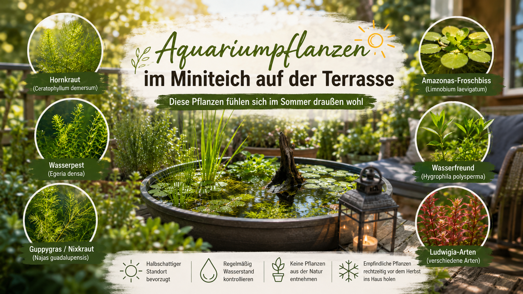 Aquariumpflanzen im Miniteich auf der Terrasse – diese Pflanzen fühlen sich im Sommer draußen wohl