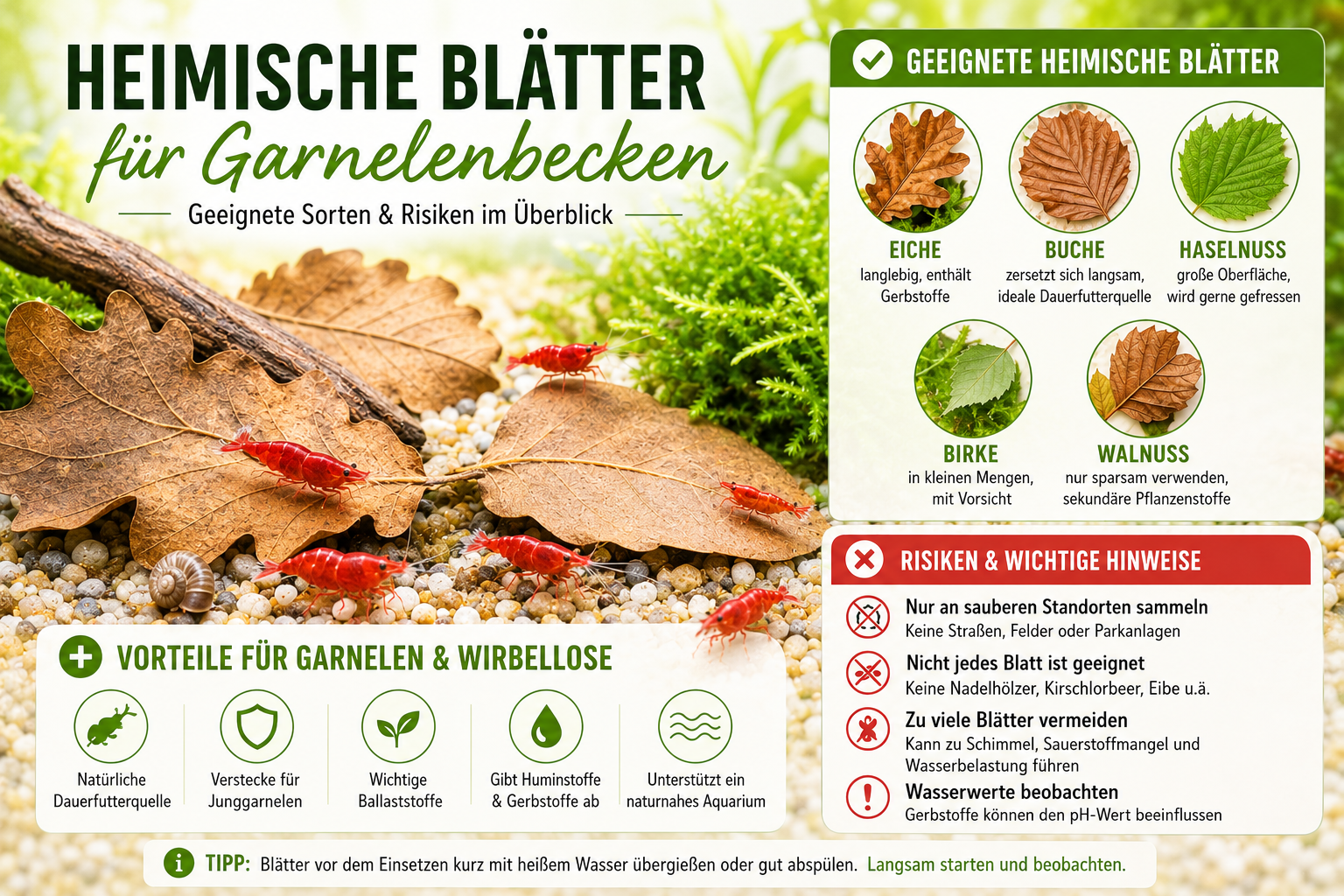 Heimische Blätter im Garnelenbecken: Welche Laubsorten geeignet sind – und welche Risiken Du kennen solltest