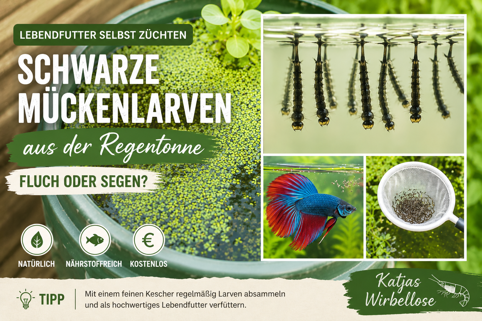 Lebendfutter kostenlos selbst züchten – Schwarze Mückenlarven aus Miniteich, Kübel und Regentonne
